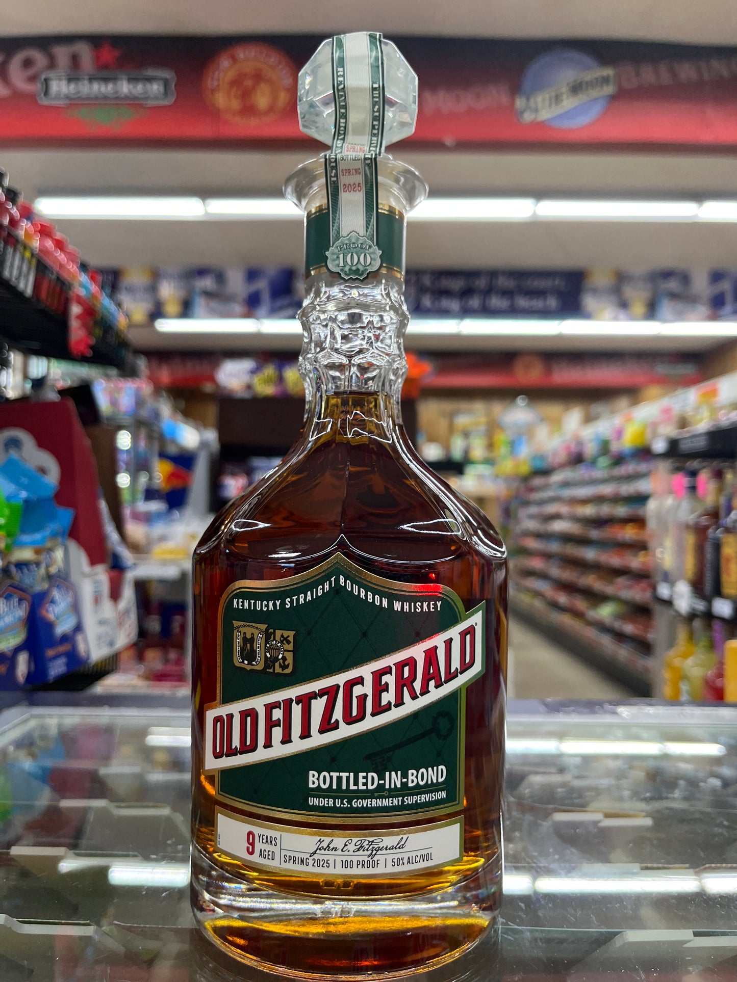 Bottle of Old Fitzgerald whiskey aged 9 years bottled-in-bond.