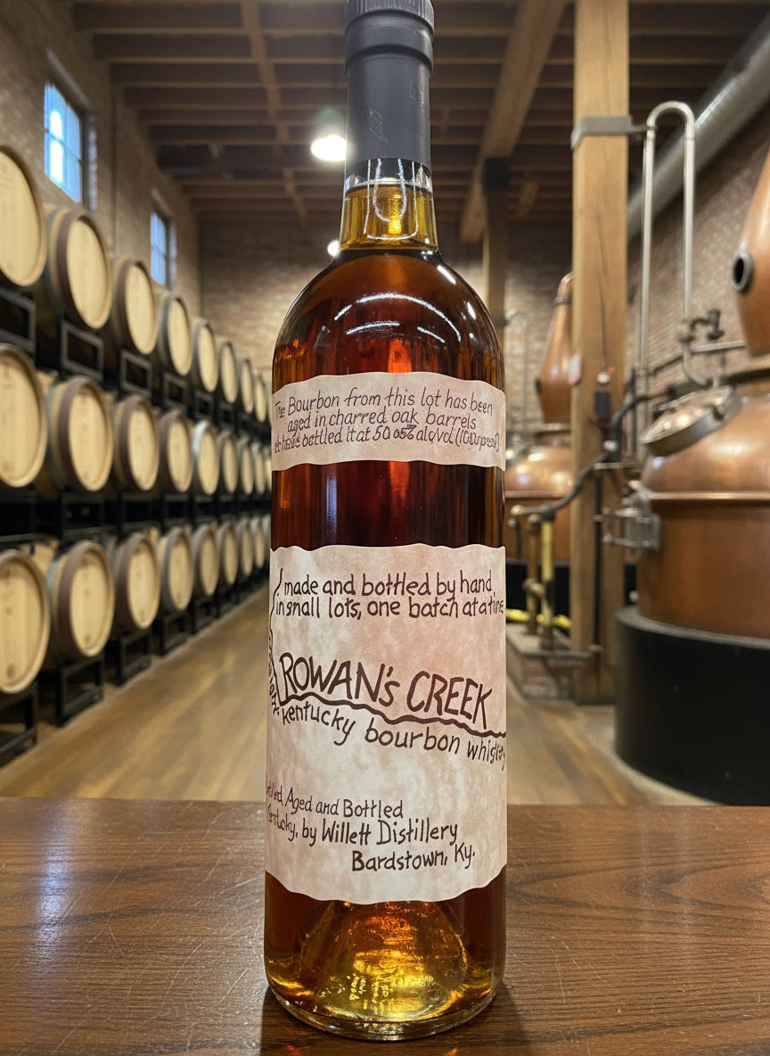 Bottle of Rowan's Creek bourbon in a store setting