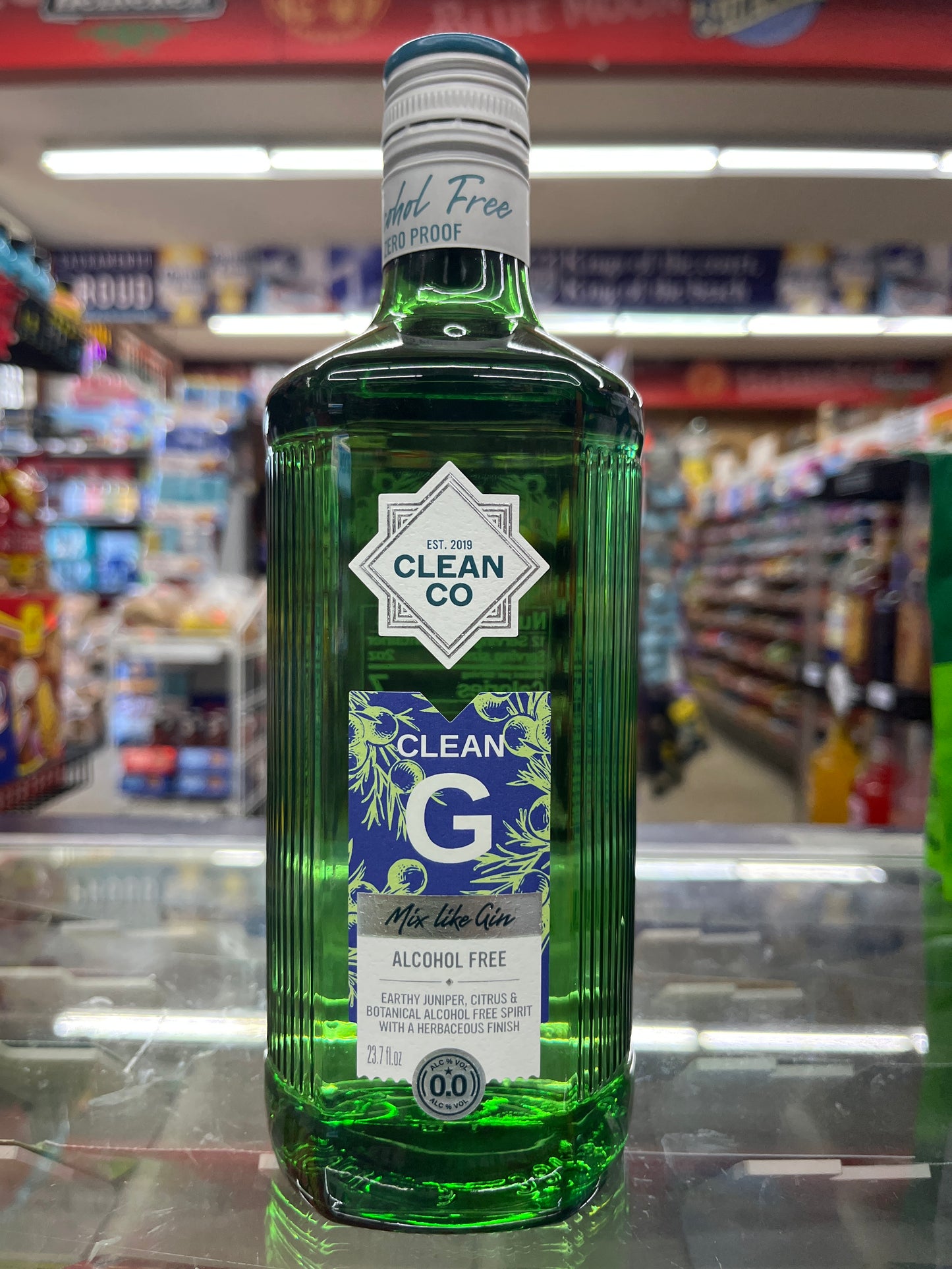 A bottle of Clean Co Alcohol Free Gin.
