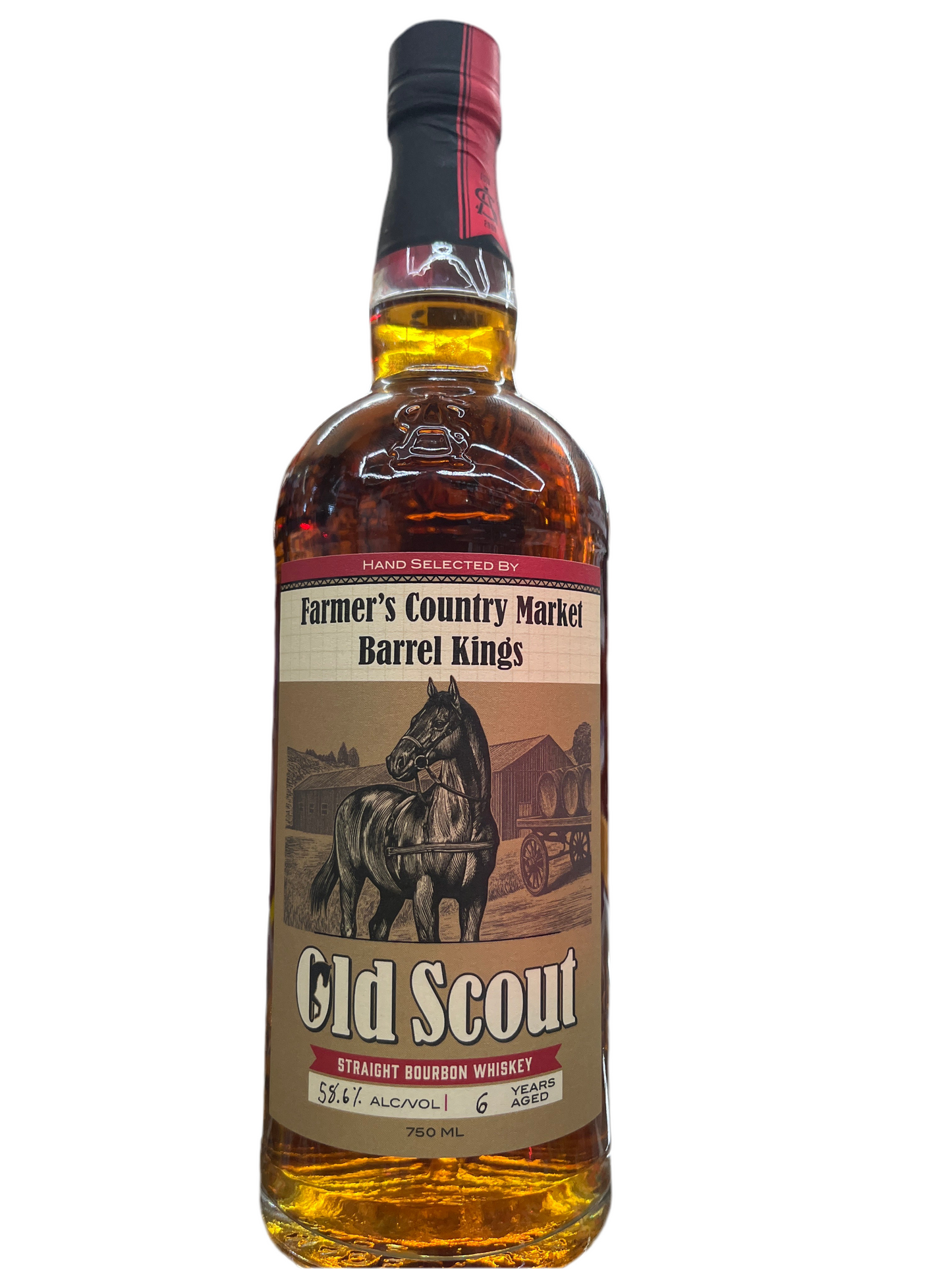 Bottle of Old Scout straight bourbon whiskey with a horse illustration on the label. Bourbon aged 6 years. Hand selected Barrel