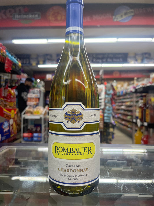 A bottle of Rombauer Vineyards Carneros Chardonnay 750ml wine on display in a retail setting.