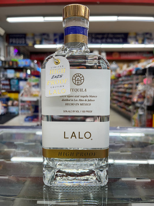 Bottle of Lalo tequila High Proof.