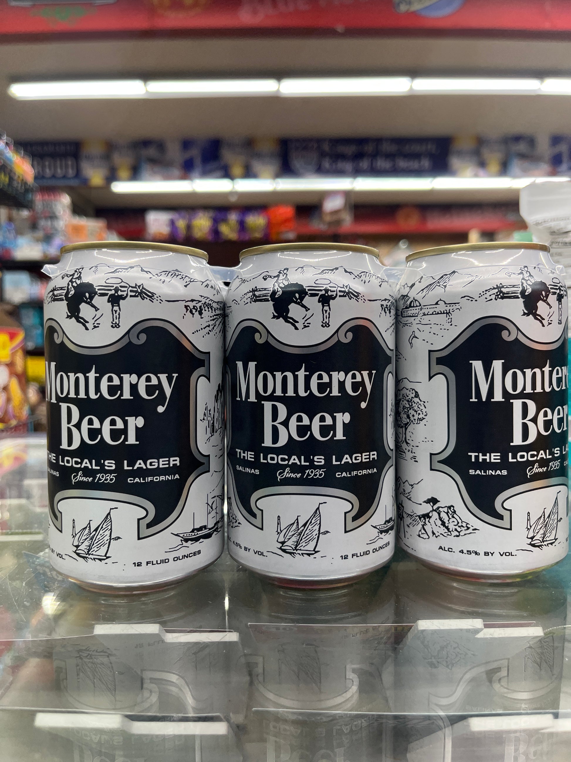 Picture of Monterey Beer  cans brewed by Alvarado street brewing. Lager Beer