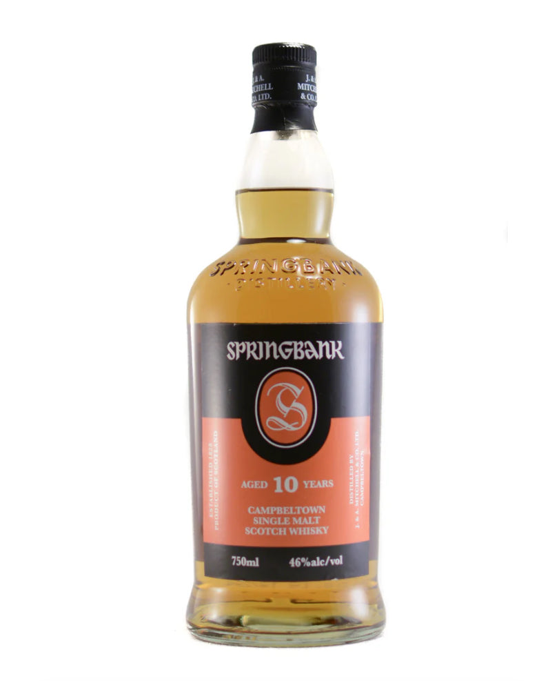A bottle of Springbank 10yrs Old Single Malt Scotch Whisky with a label that includes the brand name and '10 years old' information, set against a plain background.