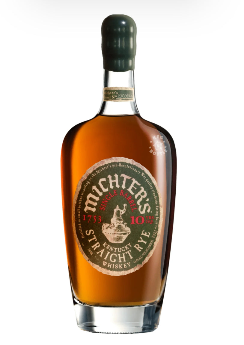 Bottle of Michter's Straight Rye aged 10 years Whiskey on a white background