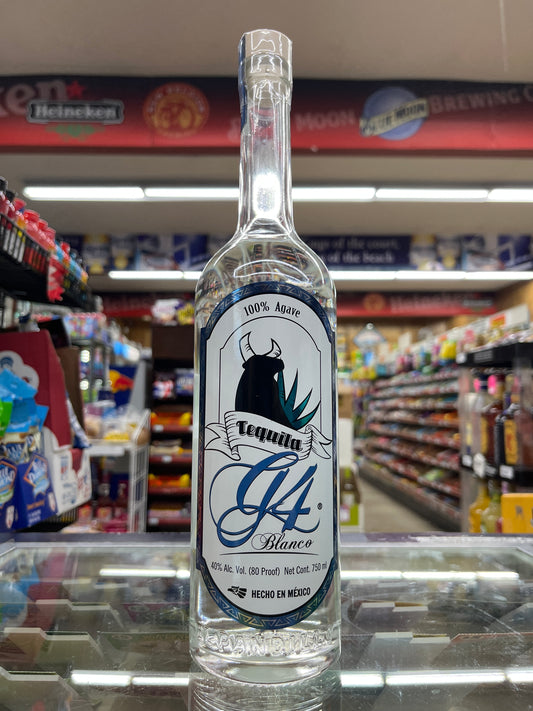 Tequila bottle with brand logo in a store setting, G4 Tequila Blanco Clasico Bottle, Front Side
