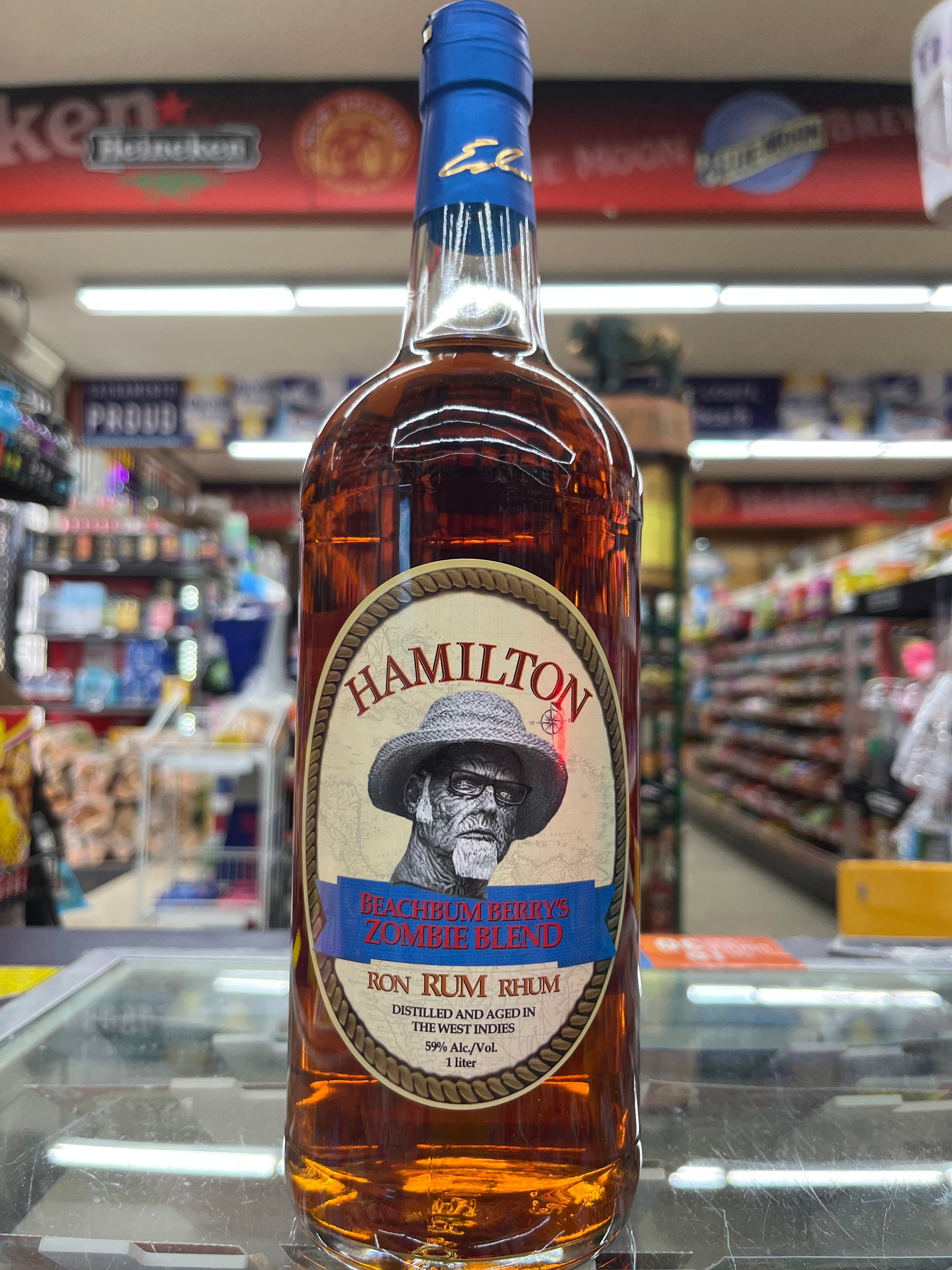 Bottle of Hamilton Rum Zombie Blend in a store setting