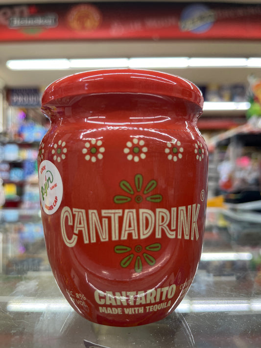Red Cantadrink container with floral design on a blurred background