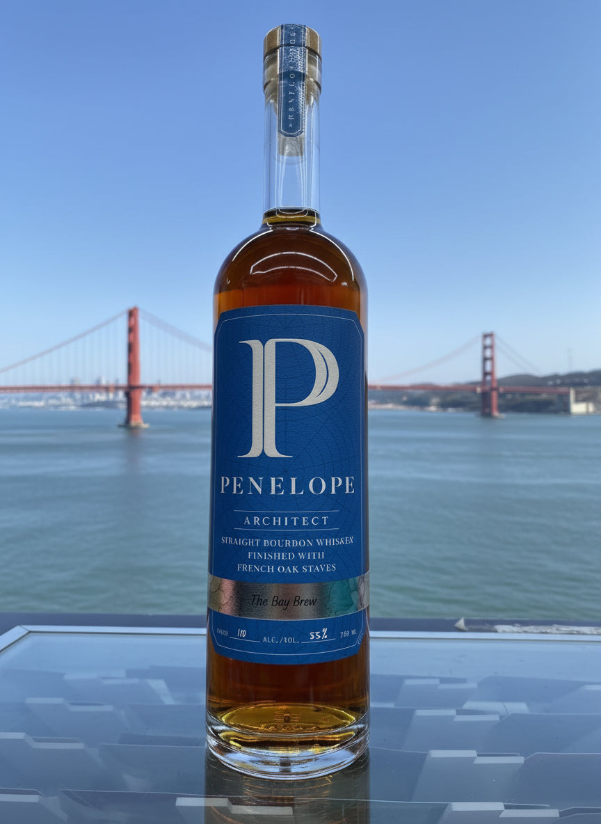 Bottle of Penelope Architect The Bay brew Edition whiskey with a blue label in a store setting