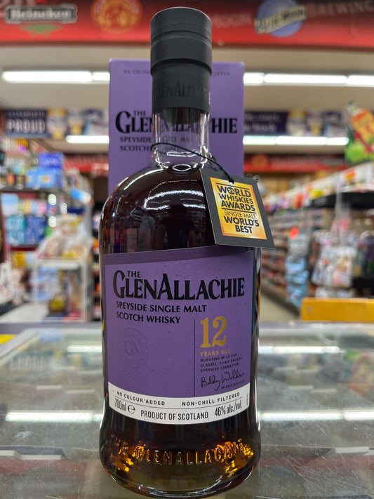 Bottle of Glenallachie whisky 12years old with a purple label in a store setting
