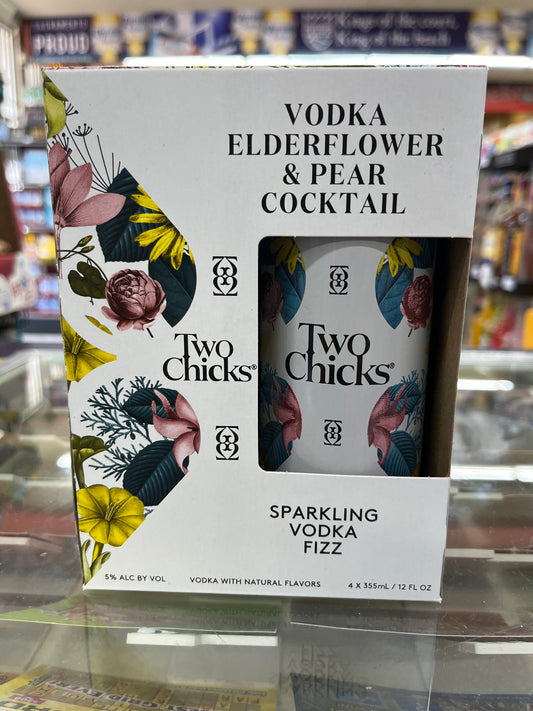 Two Chicks Vodka Elderflower & Pear cocktail packaging on a shelf.