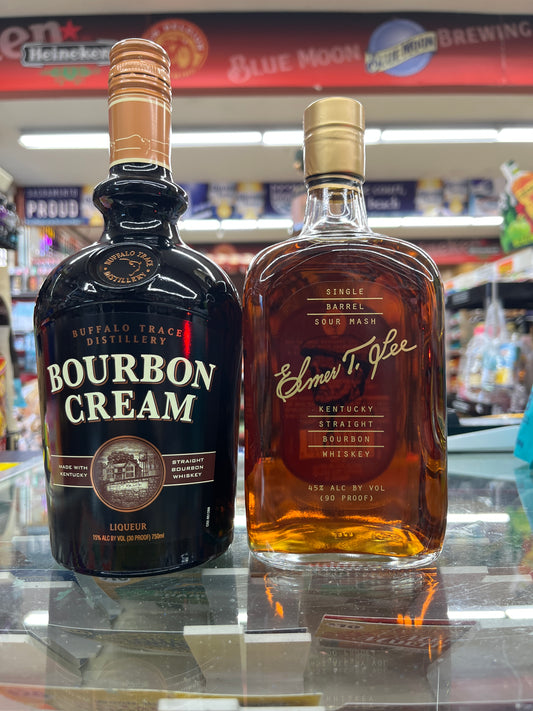 a bottle of Elmer t lee Kentucky straight bourbon sitting on a shelf along with a bottle of Buffalo trace Bourbon Cream