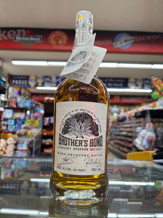 Bottle of Brother's Bond Straight Bourbon whiskey with a label in a store setting in Sacramento, California