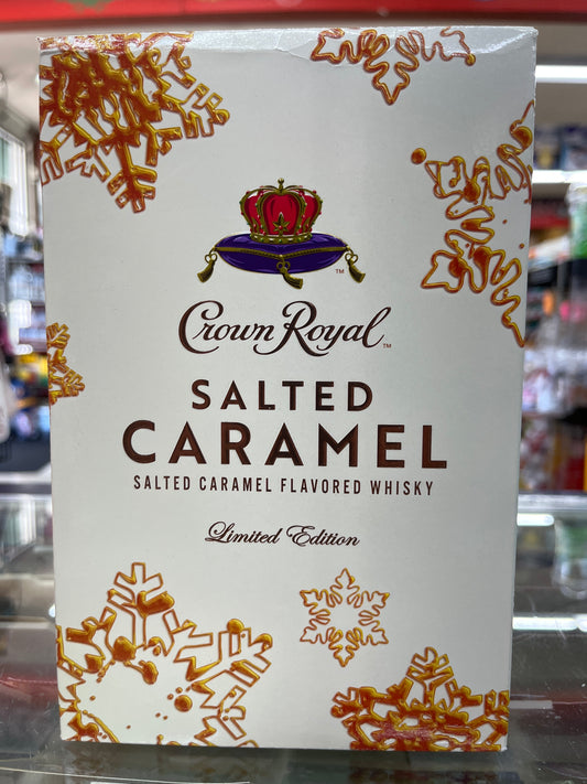 Crown Royal Salted Caramel whiskey box with decorative elements.