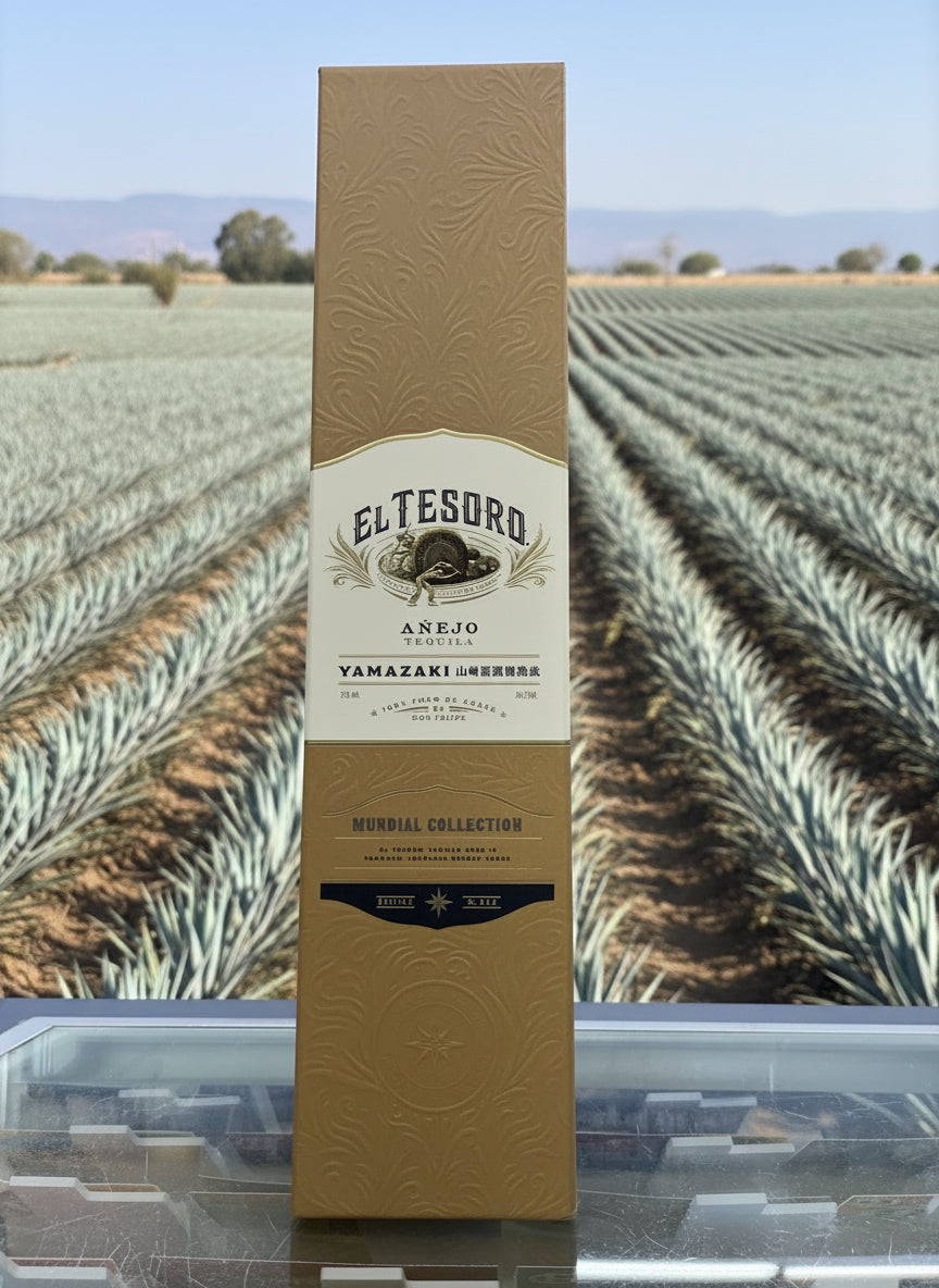 El Tesoro Anejo Mundial collection aged in Yamazaki casks in a gold colored box at a liquor store in sacramento California