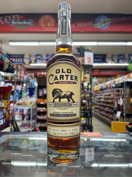 Bottle of Old Carter Straight Bourbon Whiskey Barrel Strength in a store setting