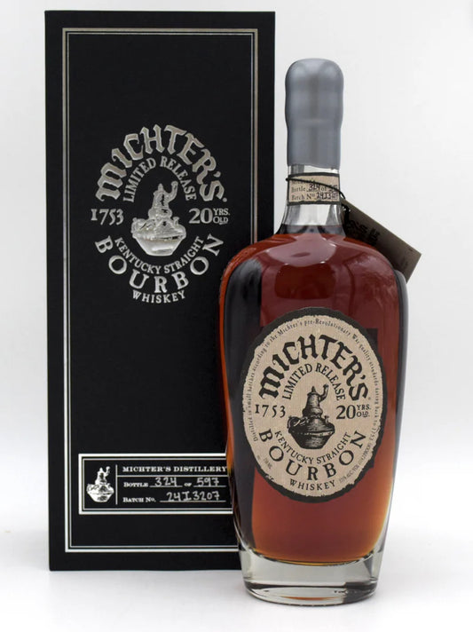 A bottle of Michter's 20 years old Kentucky Straight Bourbon Whiskey in front of its black packaging box with the brand and product information displayed.