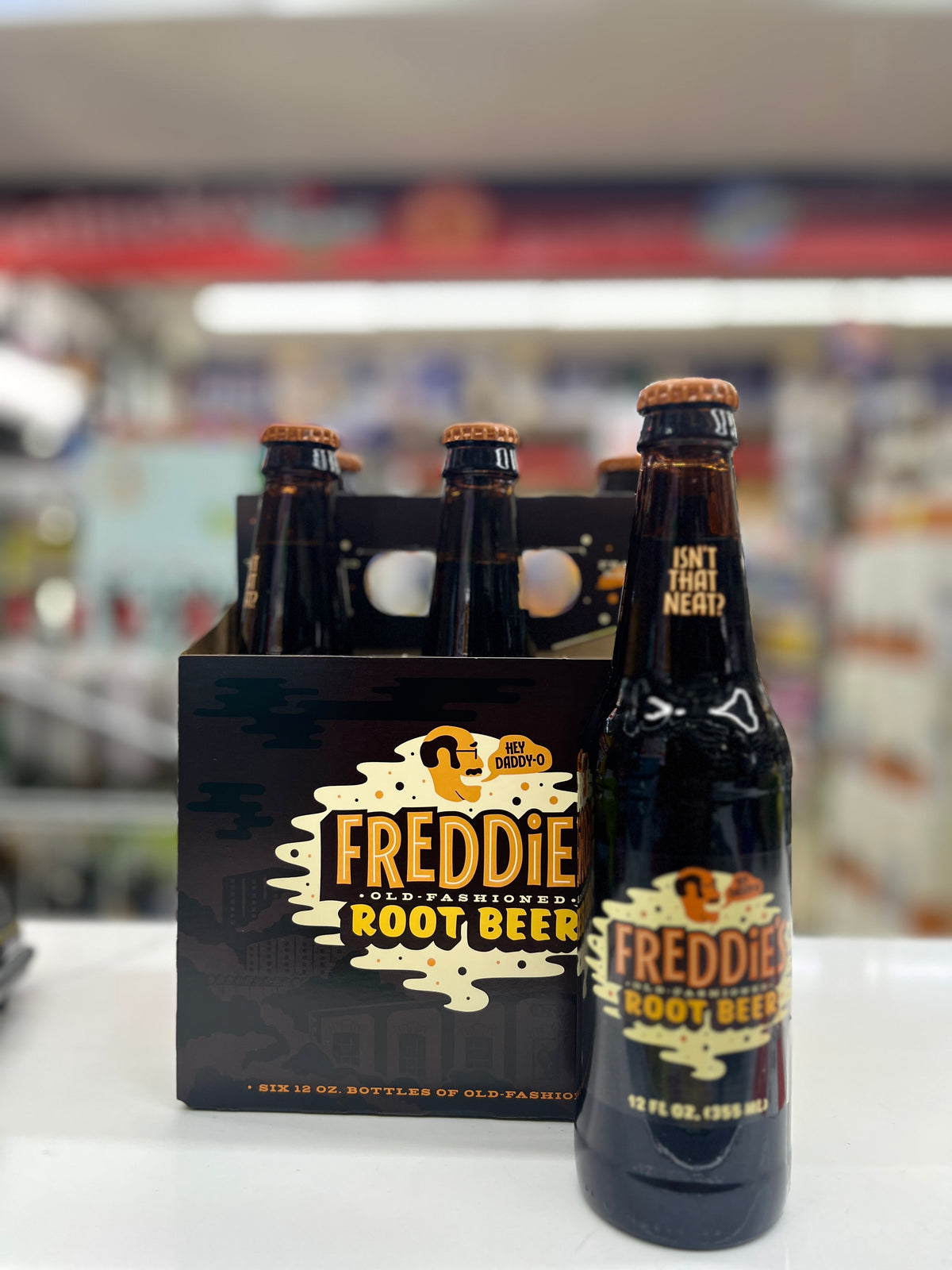 Freddie's Old Fashioned Root Beer soda in a six pack bottles