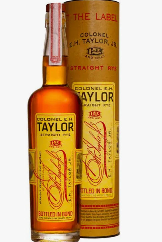 Bottle of Colonel E.H. Taylor Straight Rye whiskey with packaging on a white background