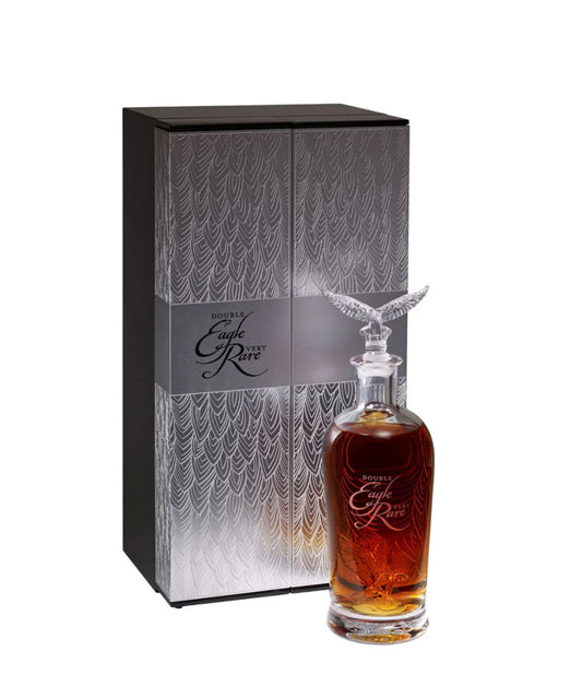 Bottle of Double Eagle Rare whiskey with a decorative box on a white background